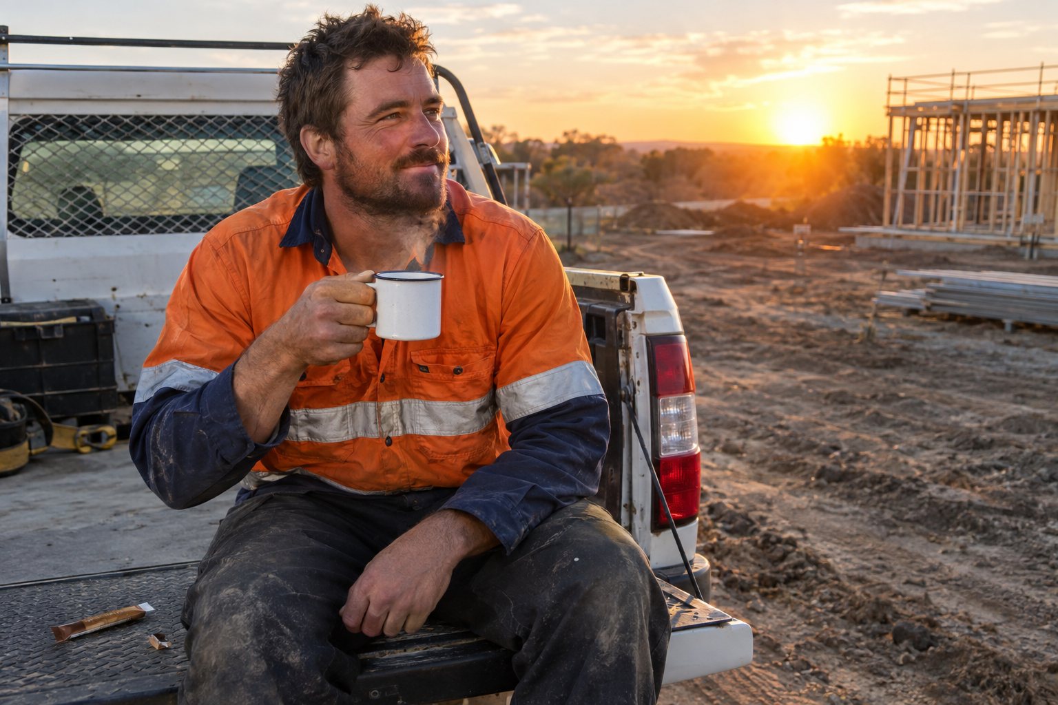 Tradie in hi-vis drinking coffee on a ute tailgate at sunrise